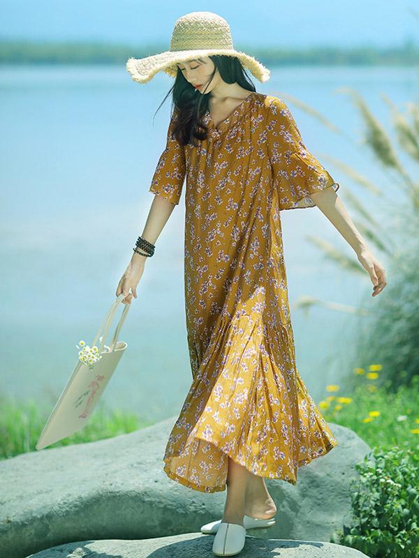 Summer Long One Half Sleeves Dress with Floral Print