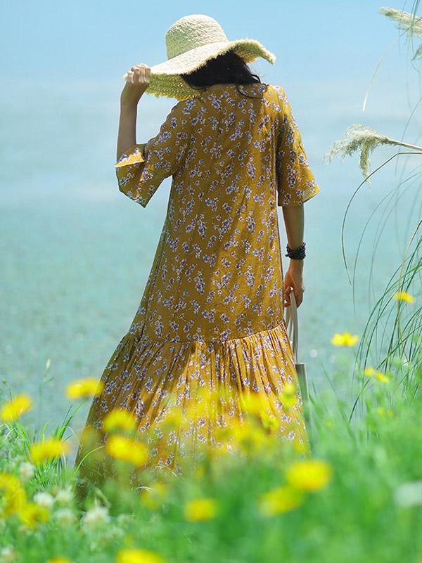 Summer Long One Half Sleeves Dress with Floral Print