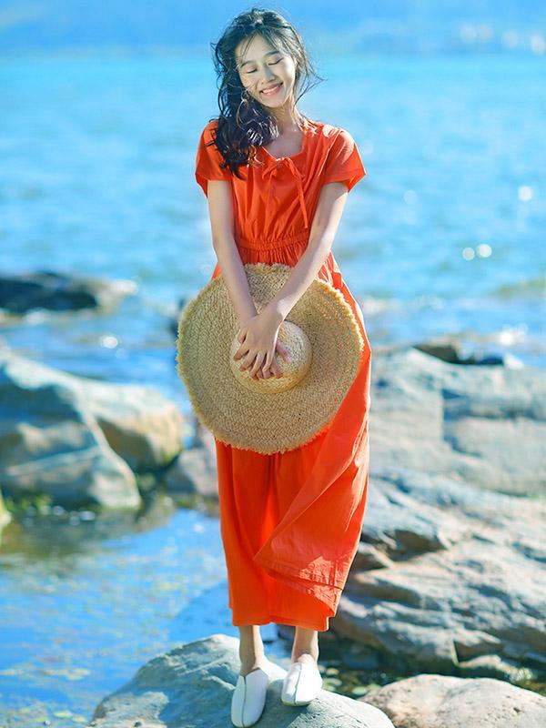 Casual Long Clean Color Dress in Red Color