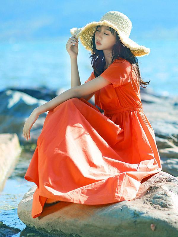 Casual Long Clean Color Dress in Red Color