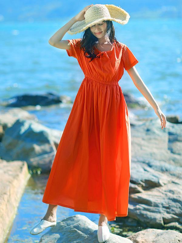 Casual Long Clean Color Dress in Red Color