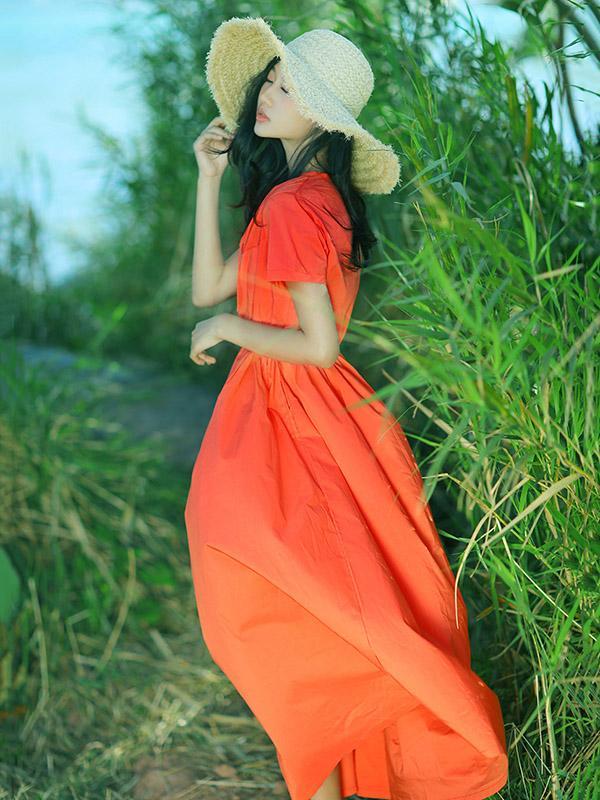 Casual Long Clean Color Dress in Red Color