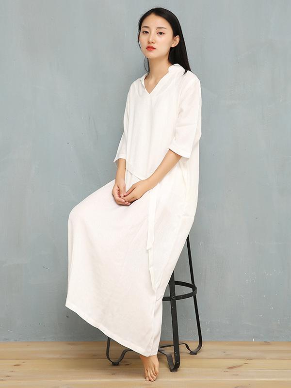 Loose Pure Color V-Neck Silky Long Dress