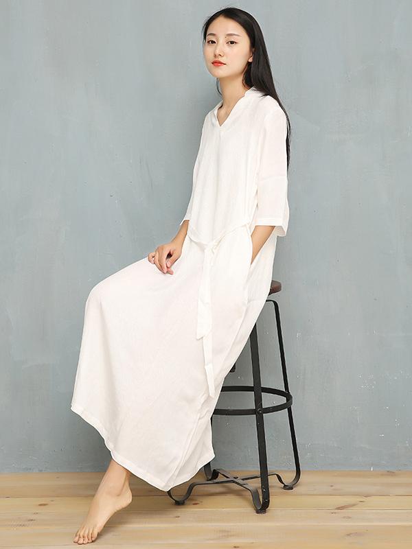 Loose Pure Color V-Neck Silky Long Dress