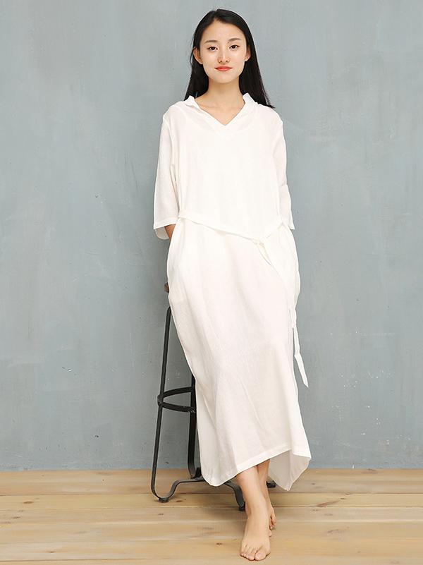 Loose Pure Color V-Neck Silky Long Dress