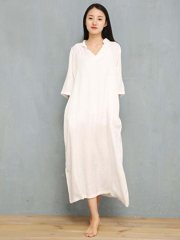 Loose Pure Color V-Neck Silky Long Dress