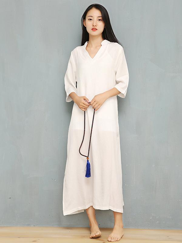 Loose Pure Color V-Neck Silky Long Dress