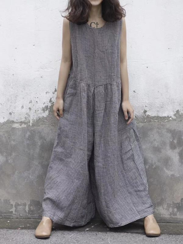 Casual Plaid Cotton Jumpsuit in Black Color