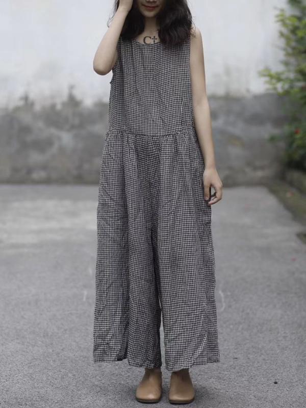 Casual Plaid Cotton Jumpsuit in Black Color