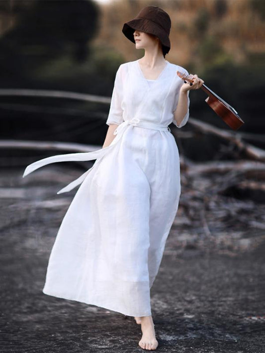 Classical Retro White Long Dress with Belt