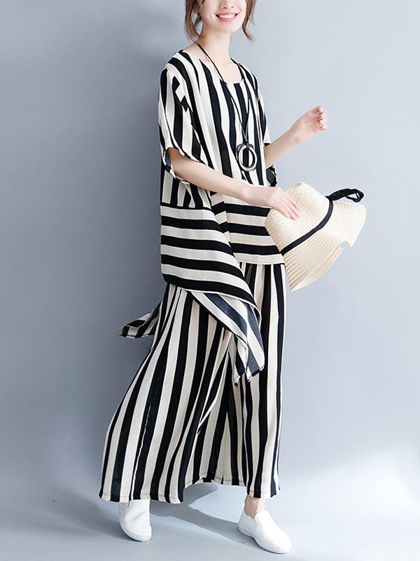 Fashion Combo Suit from T-shirt and Pants in White and Black Stripes