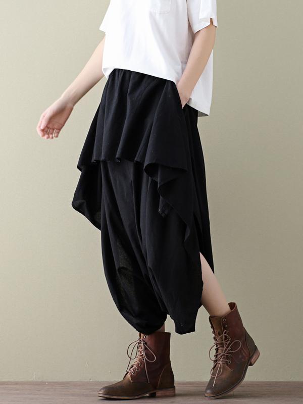 Loose Cropped Ramie Cotton Culottes Casual Pants