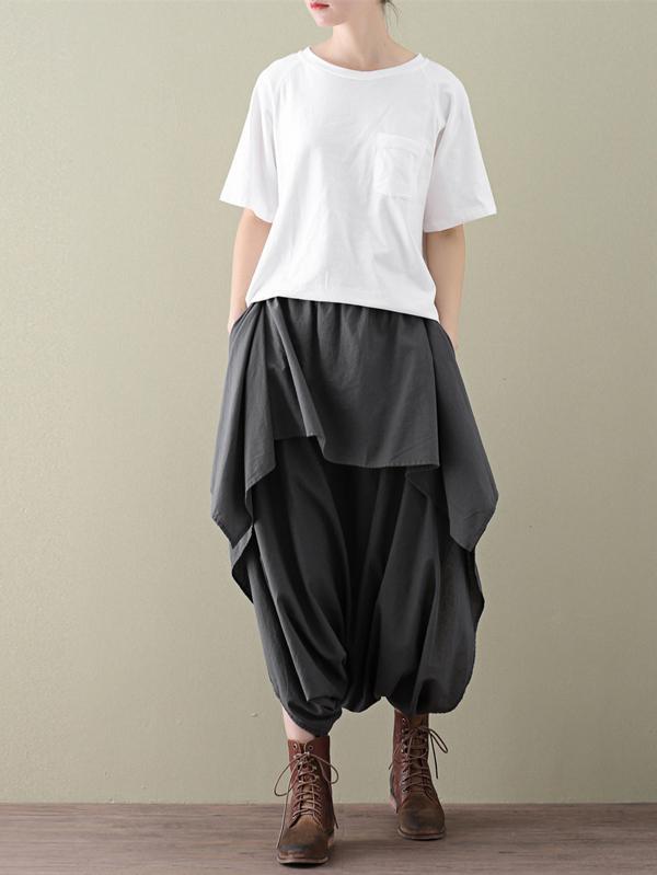 Loose Cropped Ramie Cotton Culottes Casual Pants