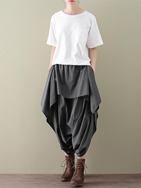 Loose Cropped Ramie Cotton Culottes Casual Pants