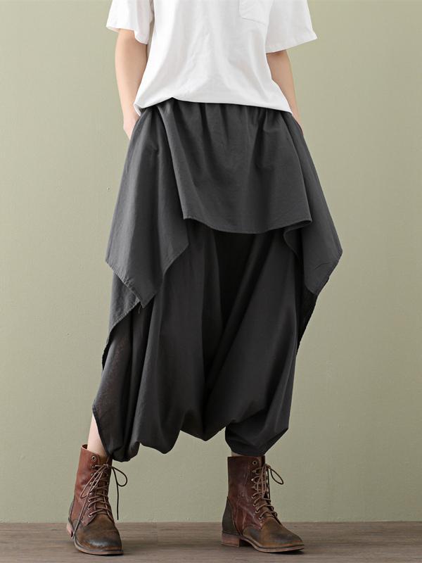 Loose Cropped Ramie Cotton Culottes Casual Pants