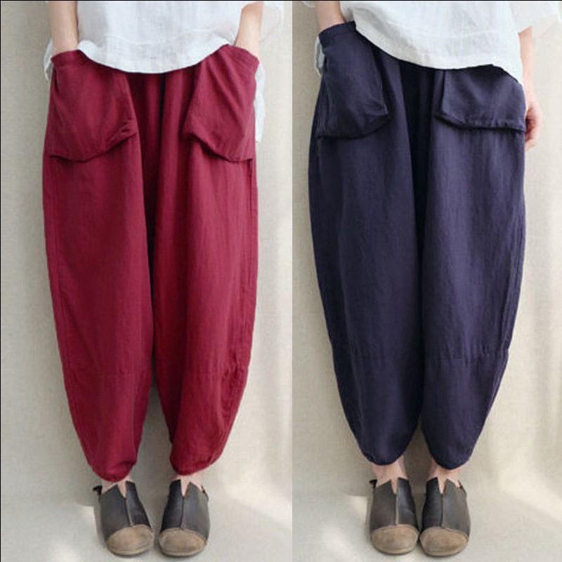 Solid Color Linen Bloomers Pants With Pockets