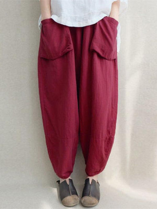 Solid Color Linen Bloomers Pants With Pockets