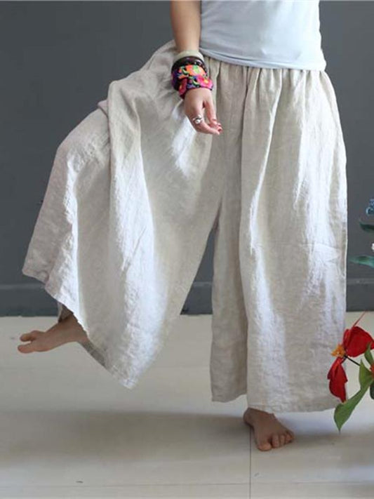 Soft Beige Wide Leg Loose Linen Pants