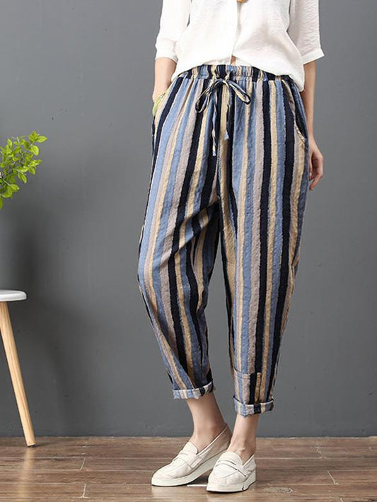 Loose Corlorful Stripe Lace-up Pants