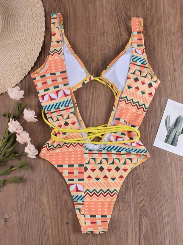 Sexy Deep V-Neck  Mosaic Printing Hollow Bandage Swimwear