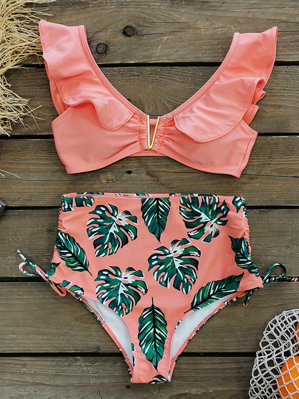 Printed High-Waisted Drawstring Falbala Bikini Swimsuit