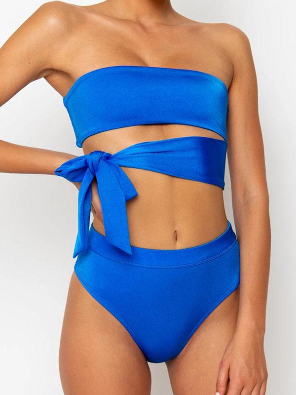 Sexy Strapless Bandage Knotted Split Bikini Swimsuit