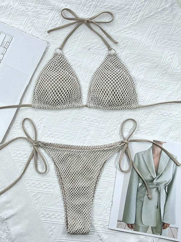 Solid Color Lace-Up Bikini Swimwear