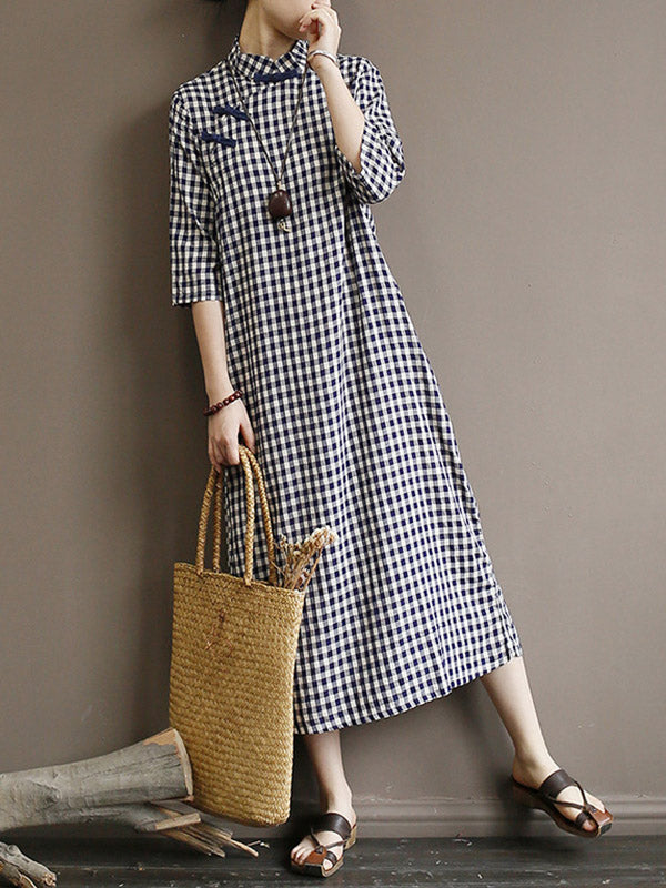 Original Plaid Half Sleeve Stand Collar Long Cheongsams