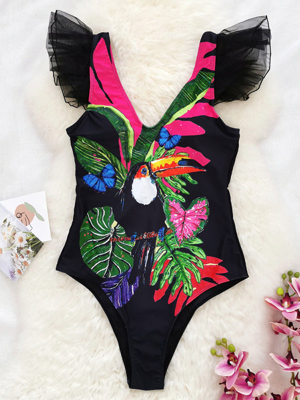 Leaves Print Falbala One-Piece Swimsuit