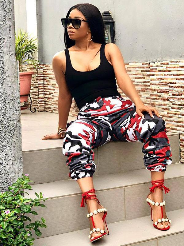 Plus Size Red Grey Camouflage Printed Track Pants