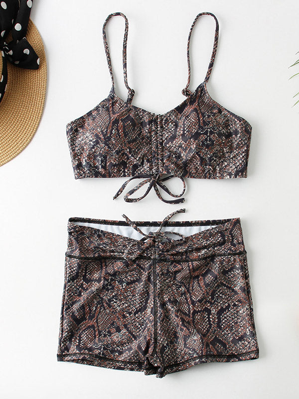 Snakeskin-Printed Drawstring High-Waisted Bikini Swimwear