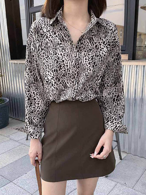 Stylish Leopard Buttoned Lapel High-Low Long Sleeves Blouse Tops