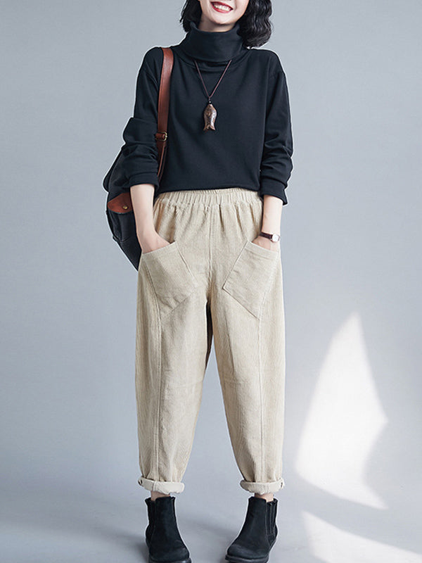 Casual Solid Color Split-Joint With Pocket Elasticity Wide Legs Corduroy Harem Pants