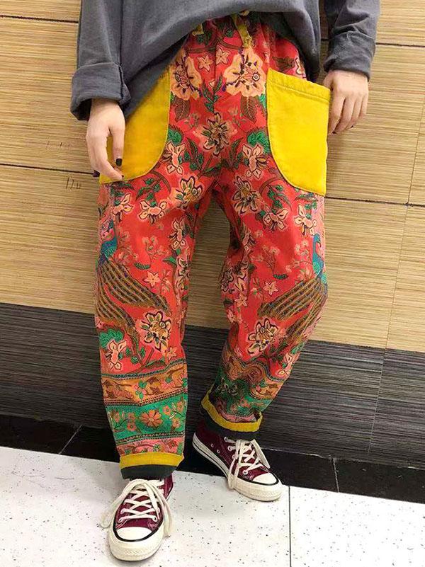 National Floral Print Split-joint Harem Pants