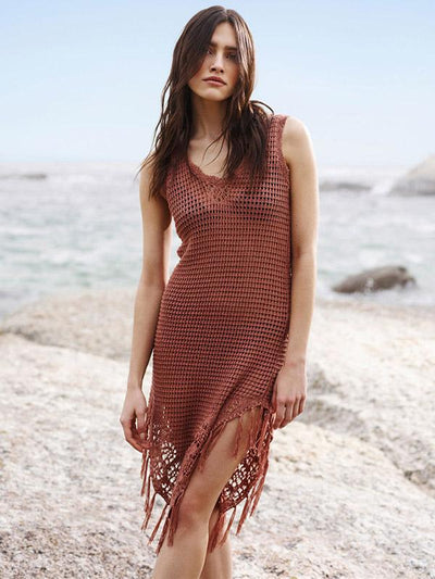 Knitted Tasseled Brown Beach Mini Dresses