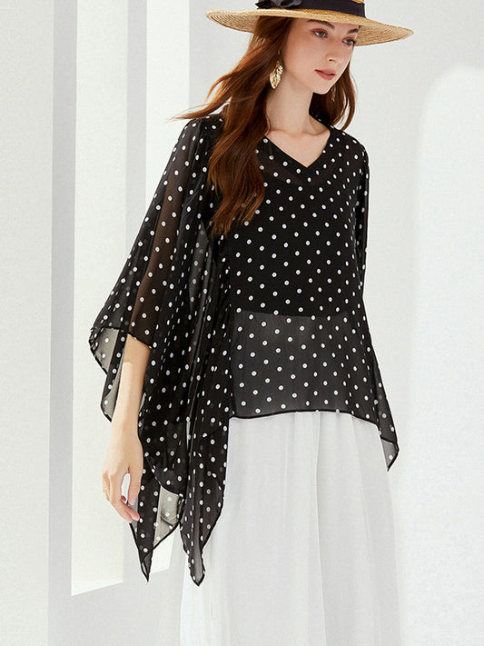 Original Loose Chiffon Polka-Dot Irregular Shirt Top