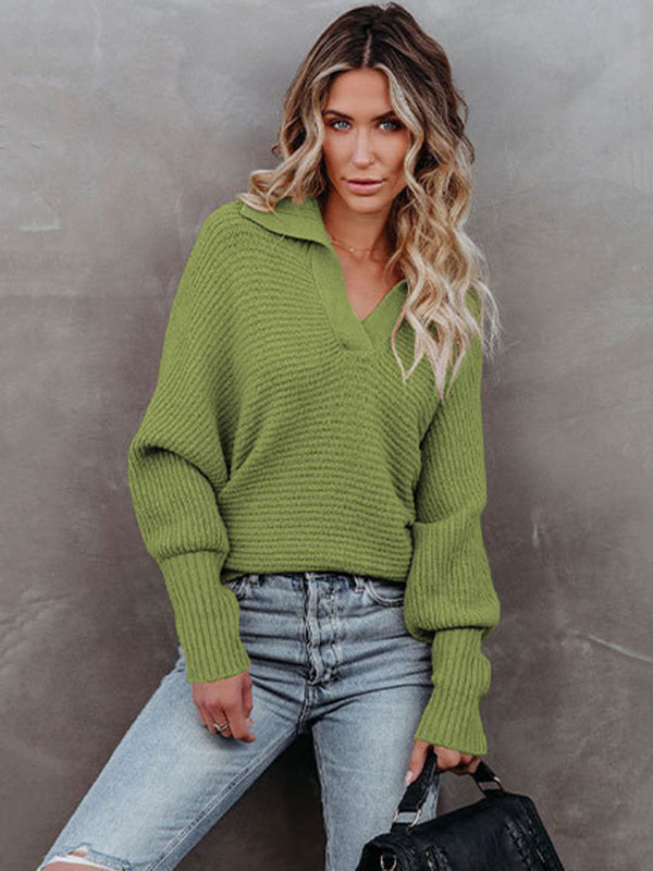 Long Sleeves Solid Color Lapel V-Neck Sweater Tops