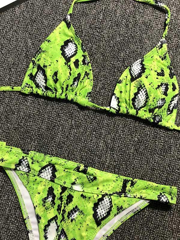 Green Snakeskin Lace Up Bikini Set