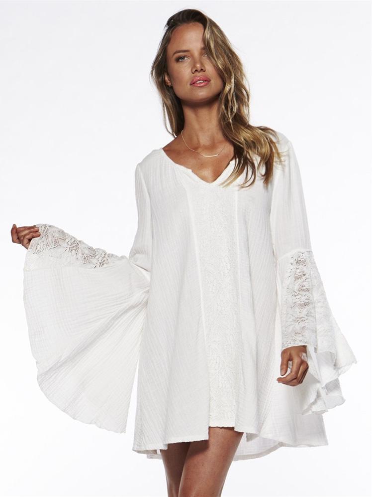 Pretty Sexy Solid Color Half Sleeve Long Sleeve V Neck Beach Vacation Cover-Ups Mini Dress