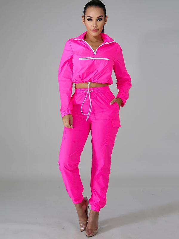 Zipper Crop Sweatershirt And Track Pants Suits