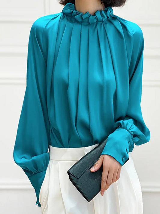 Original Creation Puff Sleeves Long Sleeves Pleated Solid Color Stand Collar Blouses&Shirts Tops