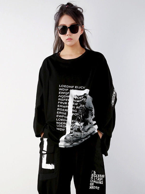 Casual Long Sleeves Loose Letter Print Round-Neck T-Shirts Tops