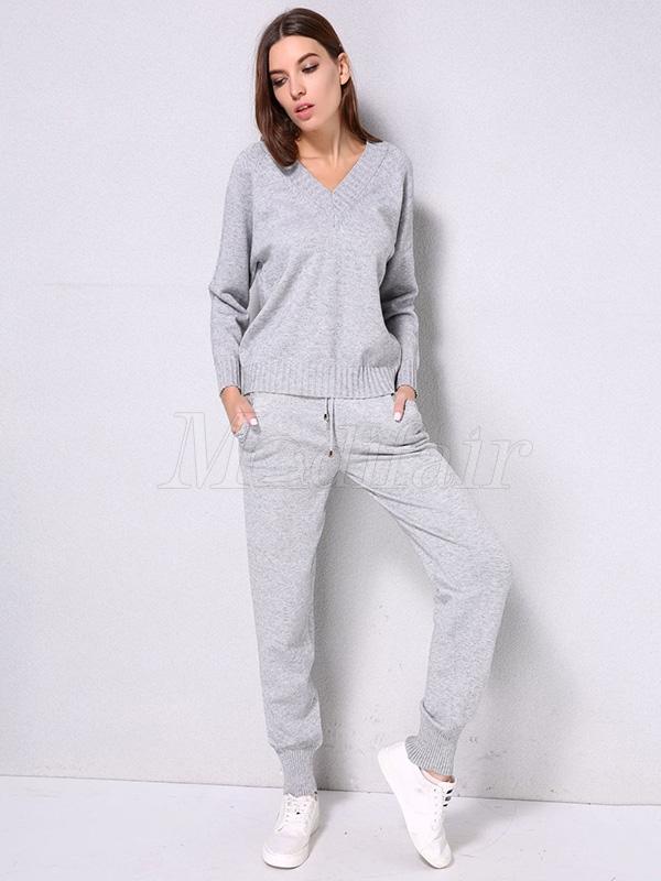 Solid Drawstring Knitting Sweater Sports Suits