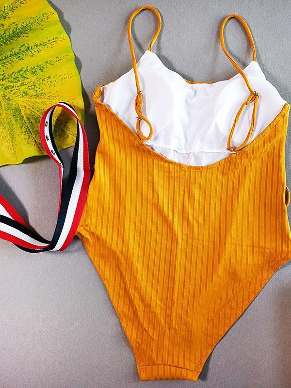 Plain Striped Belt One-piece Swimwear