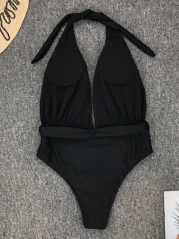 Sexy V-Neck Waist Buckle Backless One-Piece Swimwear