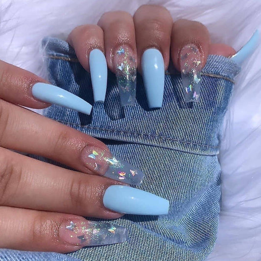 Sky blue pink laser Butterfly PRESS ON NAILS