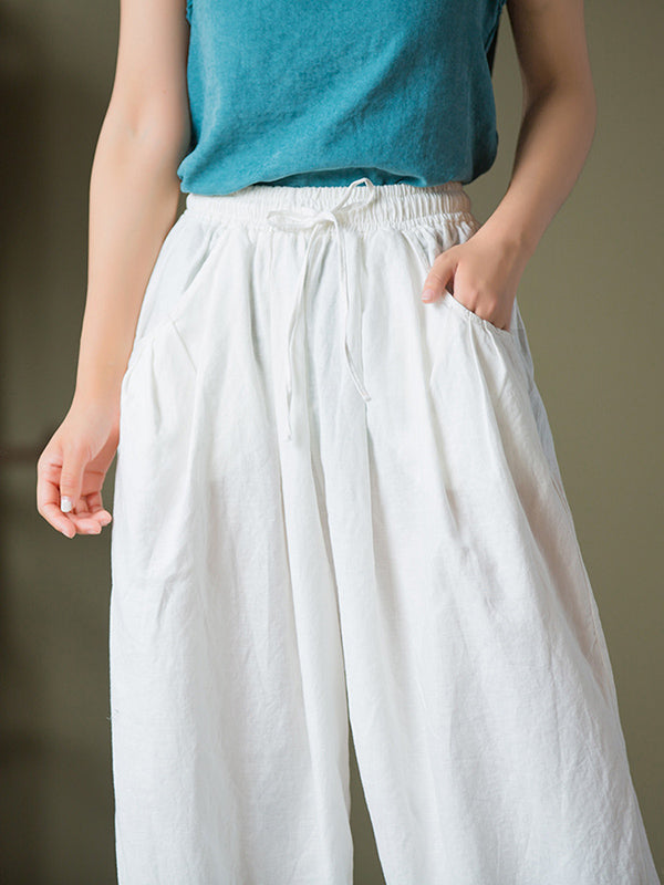 Simple Casual Loose Linen Solid Color Pleated Drawstring Knickerbockers