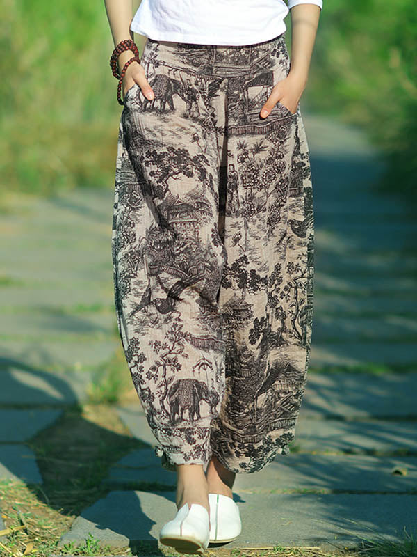 Vintage Elasticity Waist Ink Painting Printed Ninth Pants