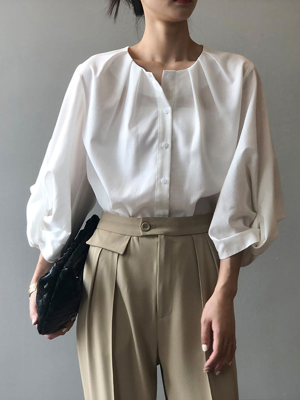 Casual Solid Color Pleated Buttoned Round-Neck Puff Sleeves Blouse