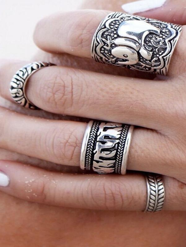 4PCS Vintage Elephant Carved Rings Accessories